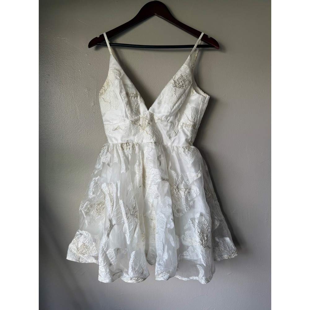 Lulus White Gold Floral Organza Mini Dress V-Neck Fit & Flare Bridal Size 2